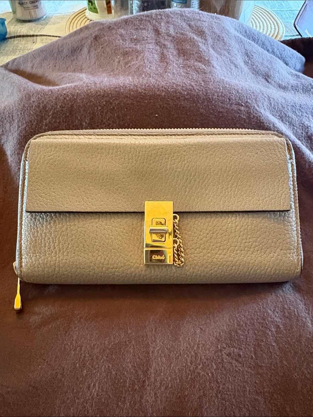 Chloe Taupe Leather Zip Wallet with Gold Hardware